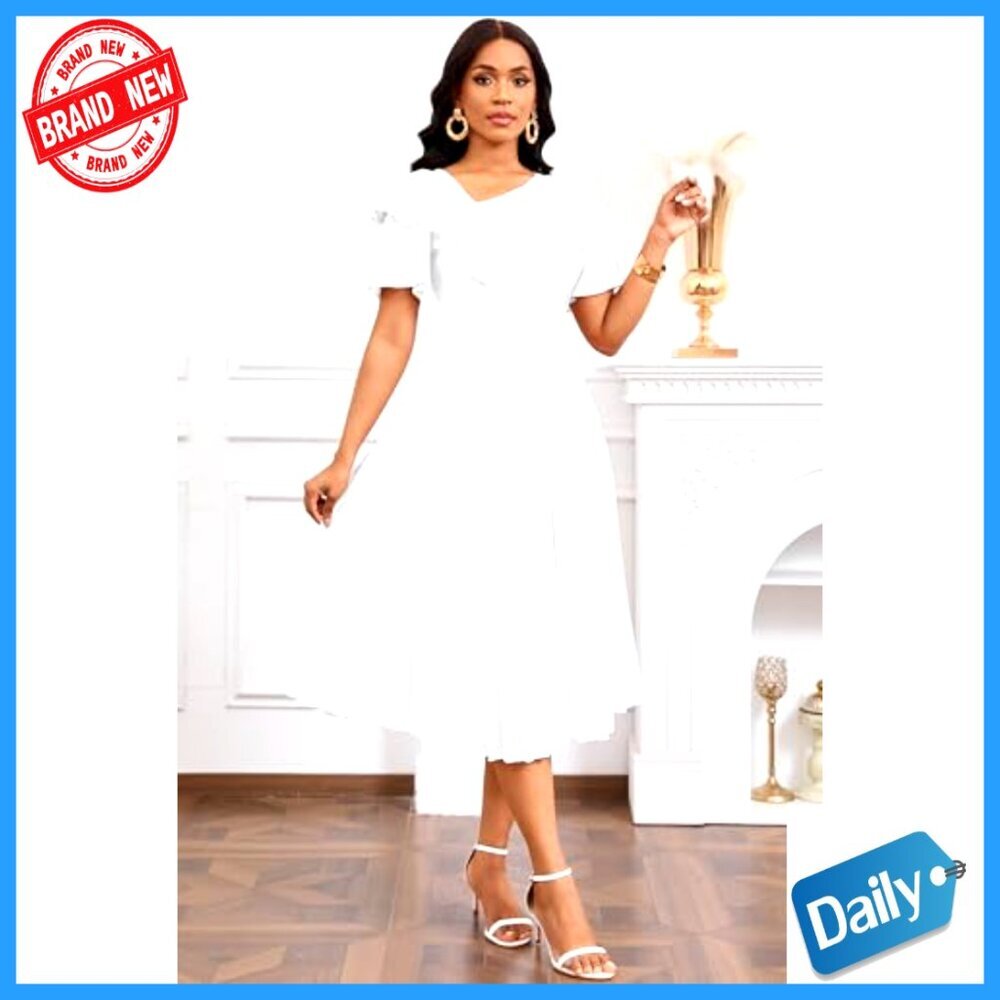 Pleated Midi Dress with Ruffles, V-Neck, Short Sleeve, Semi-Formal - Picture 4 of 7